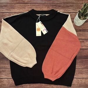 Colorblock Sweater with Black, Beige, and Coral